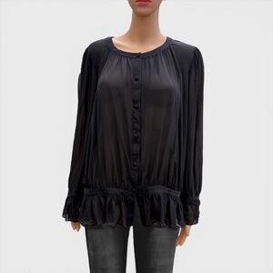Isabella Bird 100% Silk Sheer Long Sleeve Blouse Button Up Ruffle Hem Black Vtg